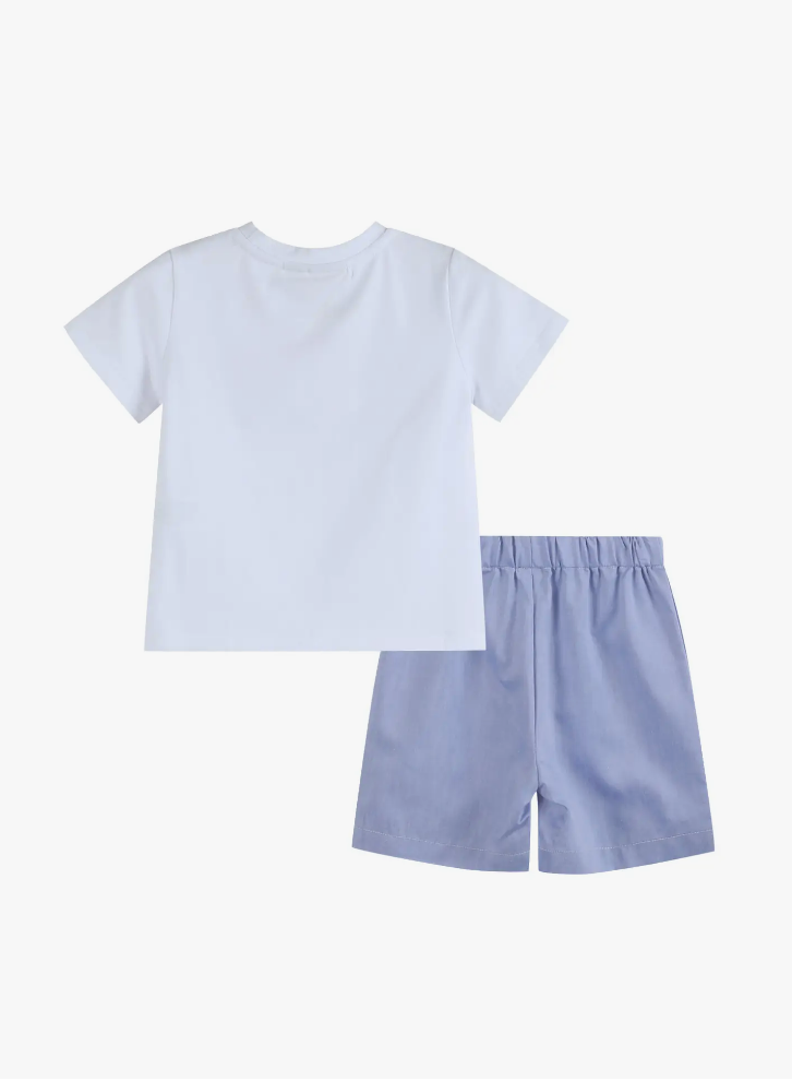 White Crawfish Smocked Tee and Denim Look Shorts Set